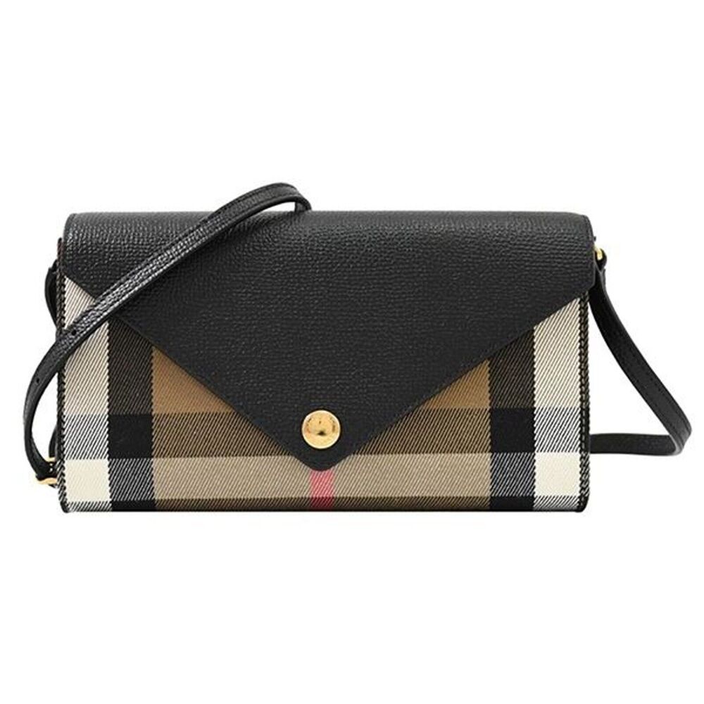 $910 NWT BURBERRY HANNAH BLACK LEATHER CANVAS CHECK SHOULDER STRAP CLUTCH BAG